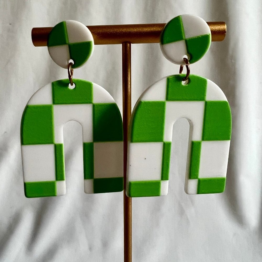 Retro Green White Checker Pattern Dangle Fashion Earrings